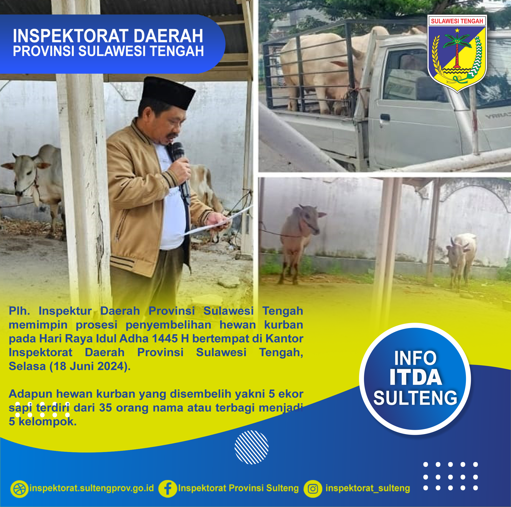  Plh. Inspektur Daerah Provinsi Sulawesi Tengah memimpin prosesi penyembelihan hewan kurban pada Hari Raya Idul Adha 1445