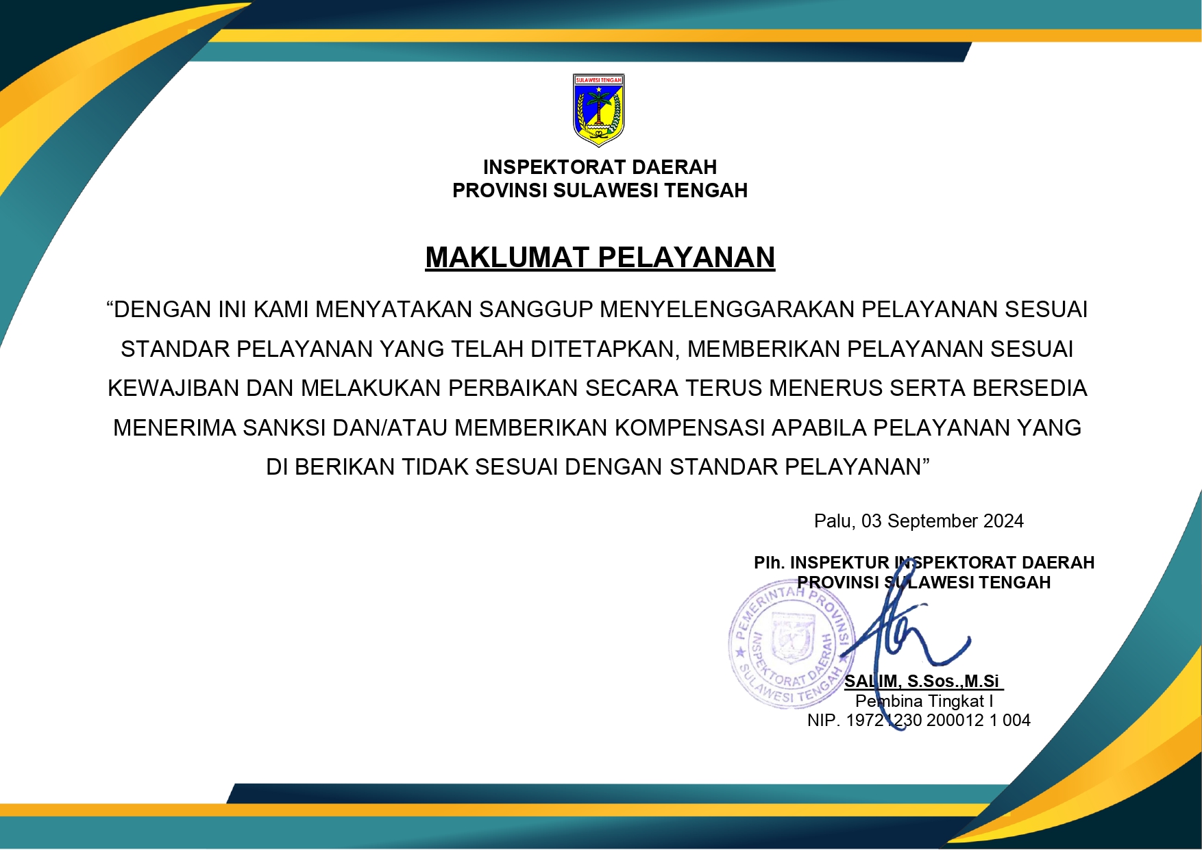  Maklumat Pelayanan Inspektorat Daerah Provinsi Sulawesi Tengah